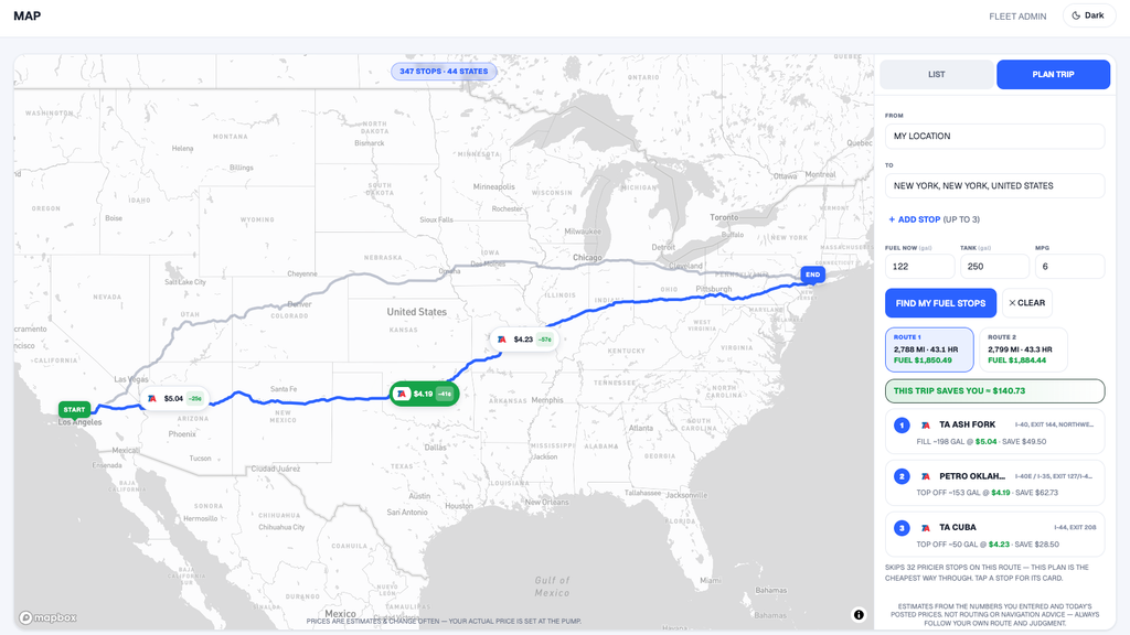Versys Fuel desktop portal trip planner with a routed map, three ordered fuel stops, route mileage, drive time, estimated fuel cost, and projected trip savings