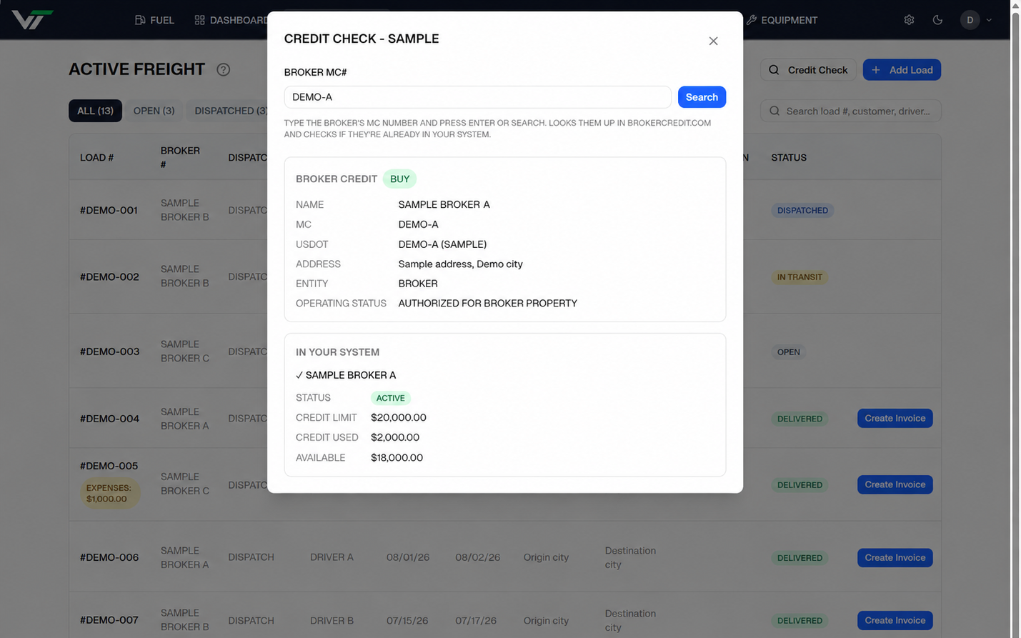 Credit check dialog over the freight board: broker credit standing, name, MC, USDOT, address, entity, operating status, and the customer record already in the system. Sample data.