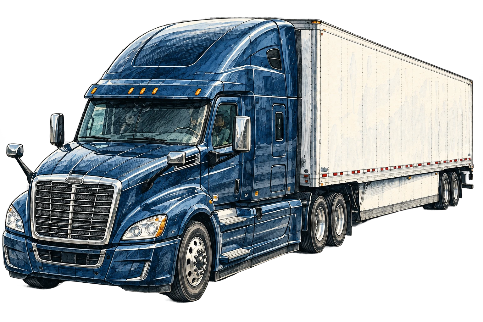 A detailed hand-illustrated navy tractor trailer, layered over a winding highway.