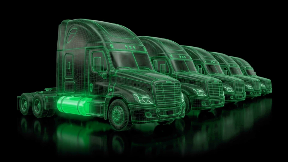 A Versys semi truck leading a fleet of identical trucks on a dark highway.