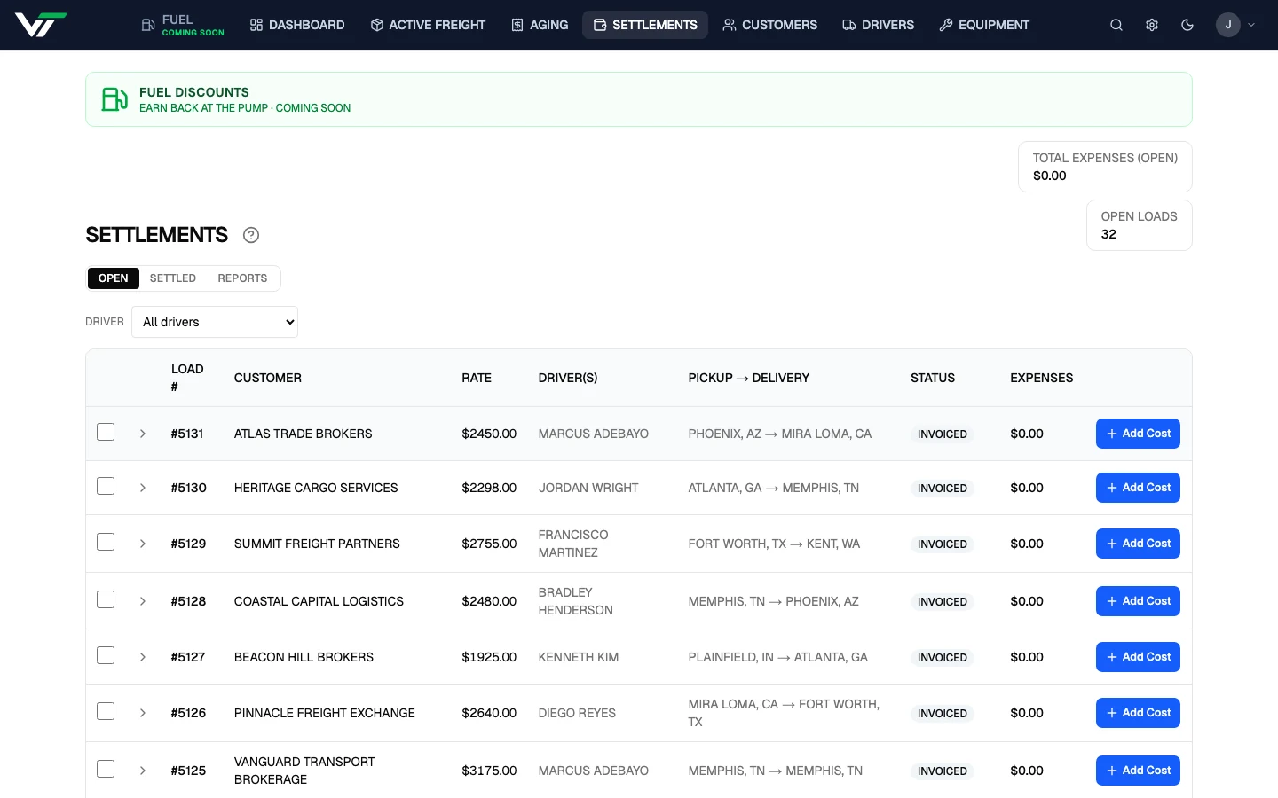 Versys TMS Settlements page showing 33 open loads with a $20,729 total expense rollup. Per-load expenses ranging $158–$716 across drivers Kenneth Kim, Bradley Henderson, Francisco Martinez, and others.